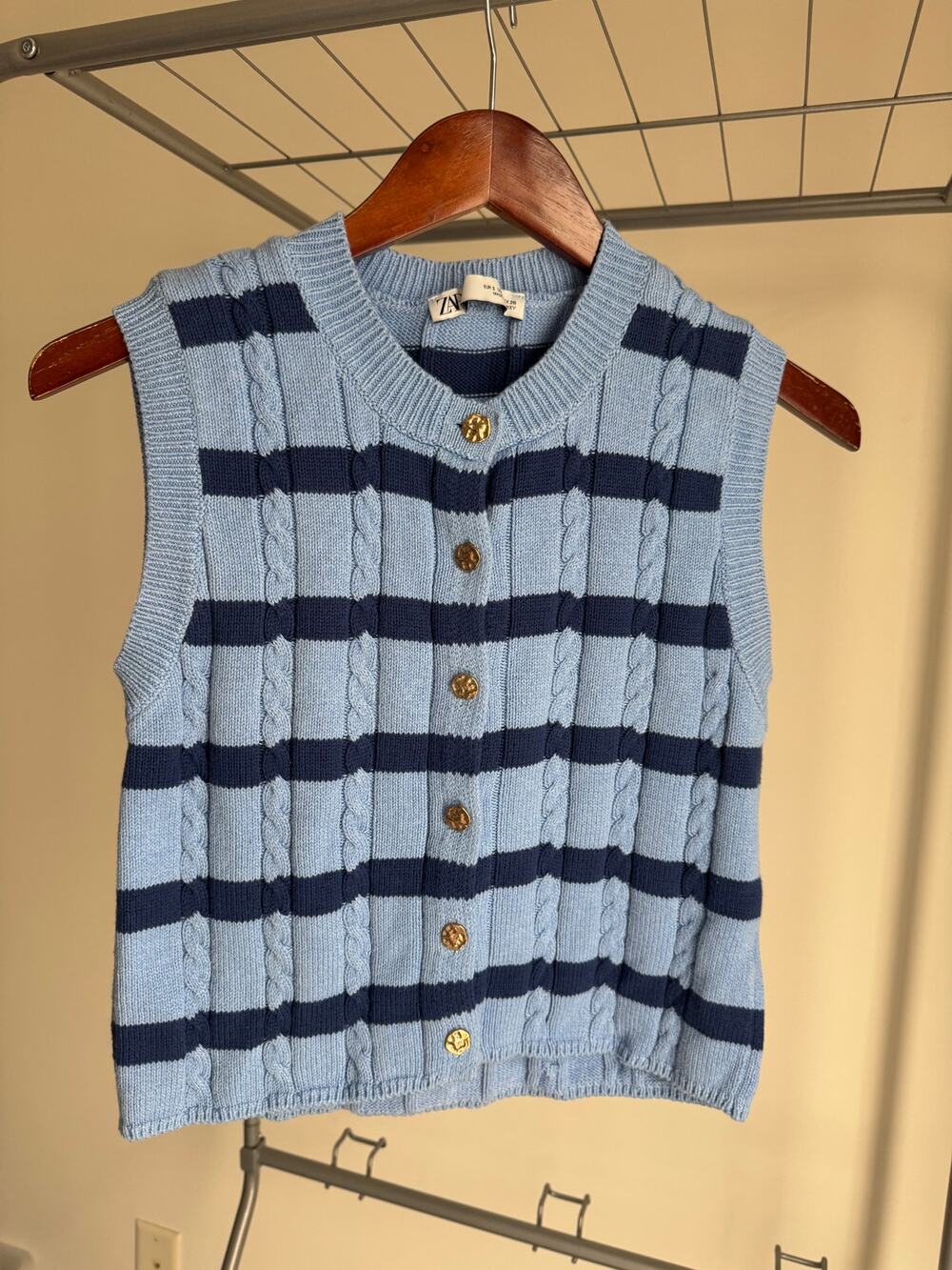 Zara Navy and Light Blue Striped Cable Knit Sweater Vest Gold Button Cardigan S